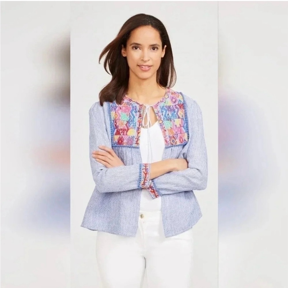 J McLaughlin • Linen Blue Boho Embroidered Lightweight Summer Jacket • Size L